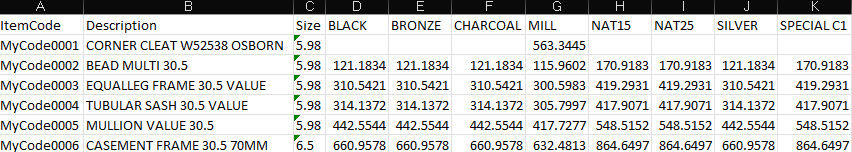 Export Price list Excel