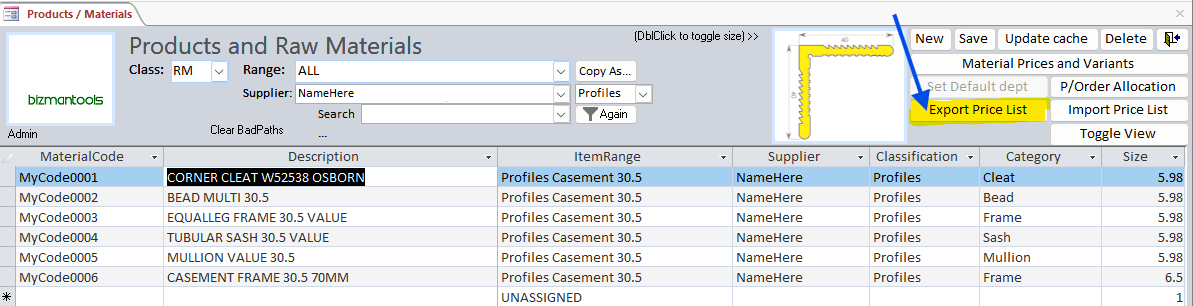 Export Price list