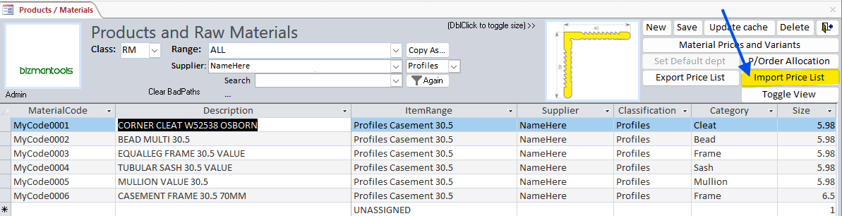 Import Price list