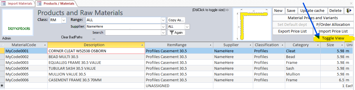 Bizman Materials Toggle View